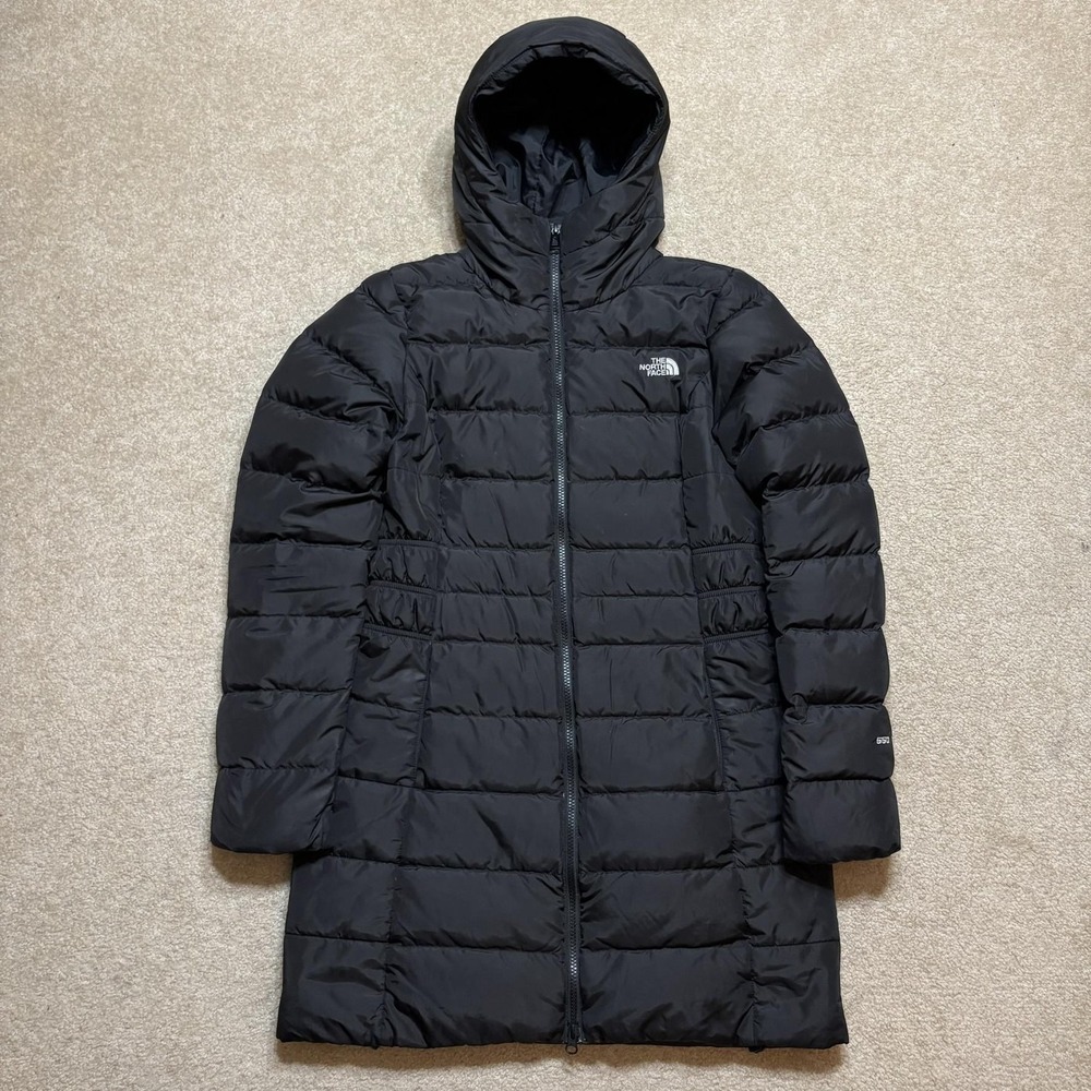 The North Face 550 Down Jacket Coat Womens Small Black Hooded Quilted Long Parka